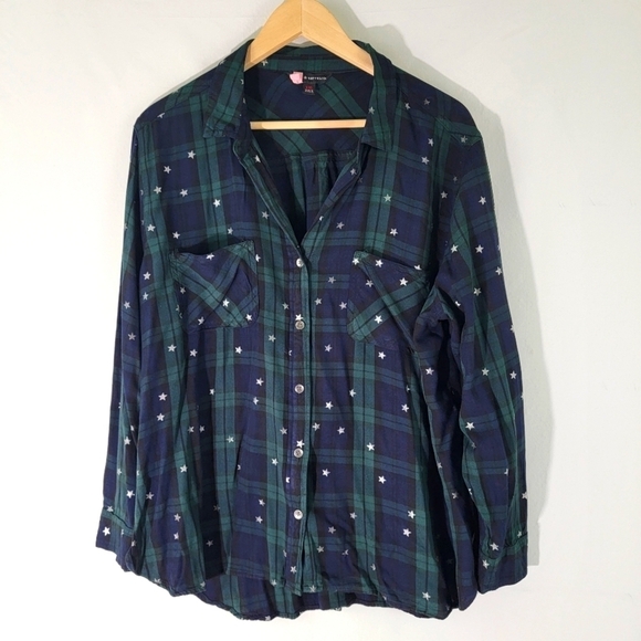 Rock & Republic Green Plaid Button Up Shirt XXL Long Sleeve Sparkle Star Print - Picture 1 of 11